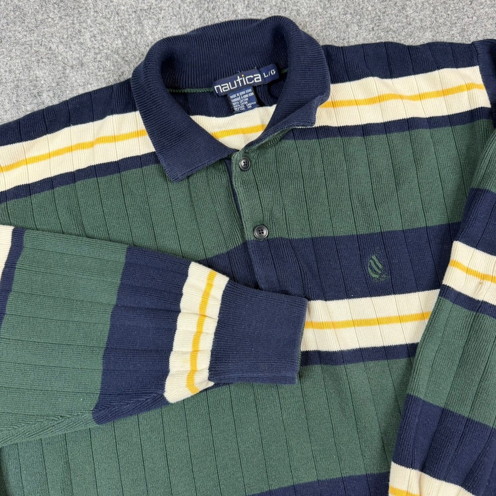 Nautica Polo Sweater Mens Large Green Navy Striped Ribbed Cotton Long Sleeve